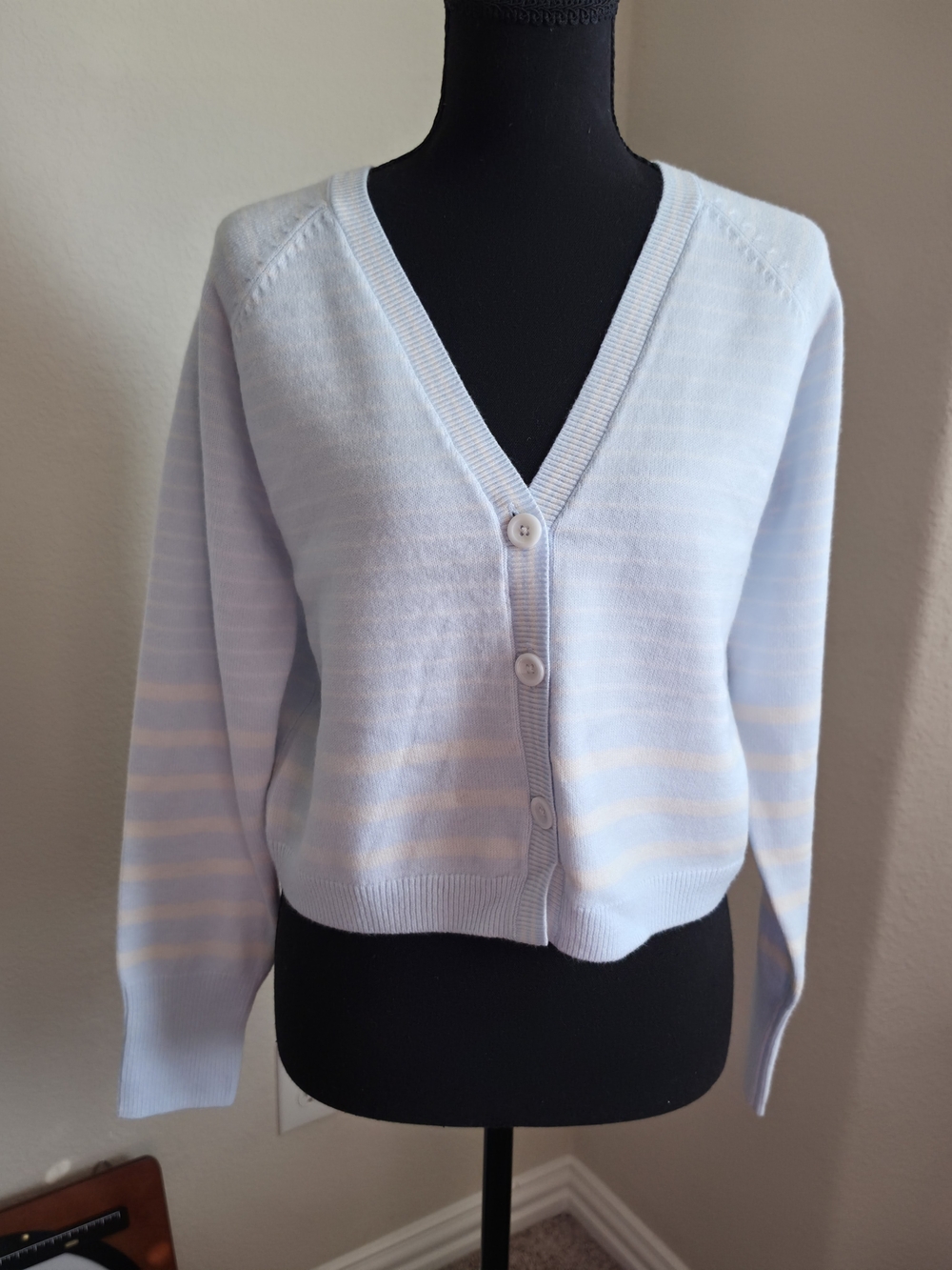 a new day Pale Blue & Cream Striped V-Neck Cardigan NWT S